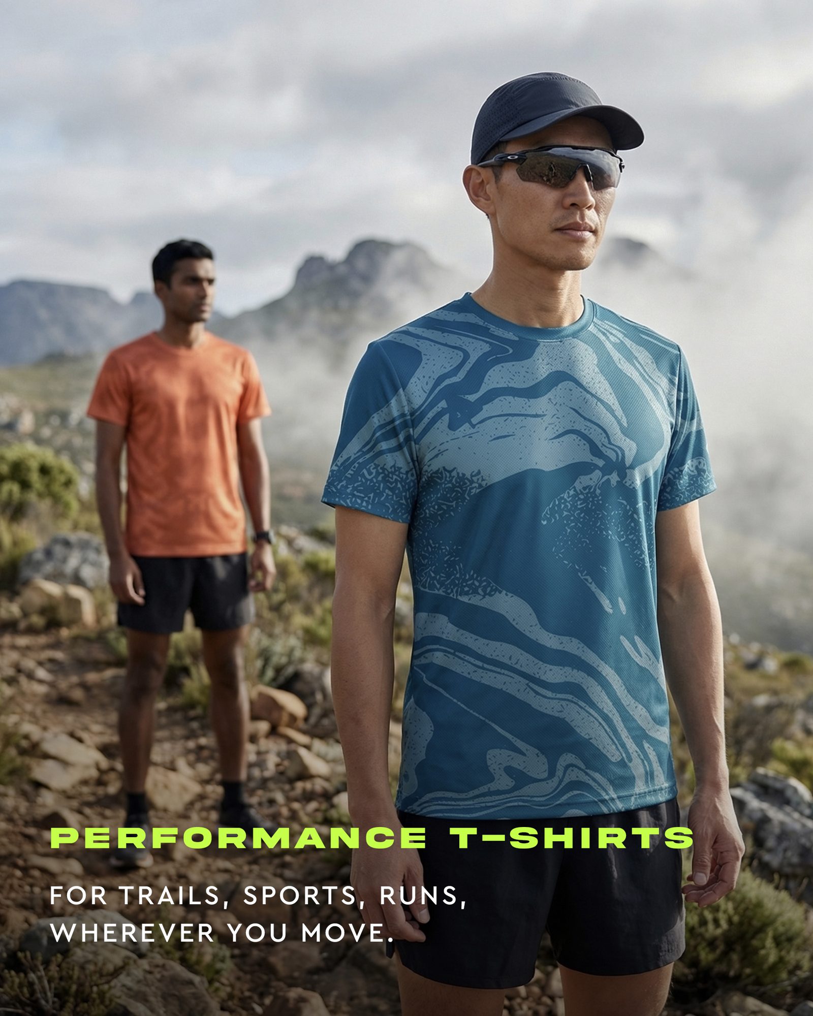 Art-directed AI ad creative of two trail runners in printed performance t-shirts on a misty mountain trail, with the headline Performance T-shirts