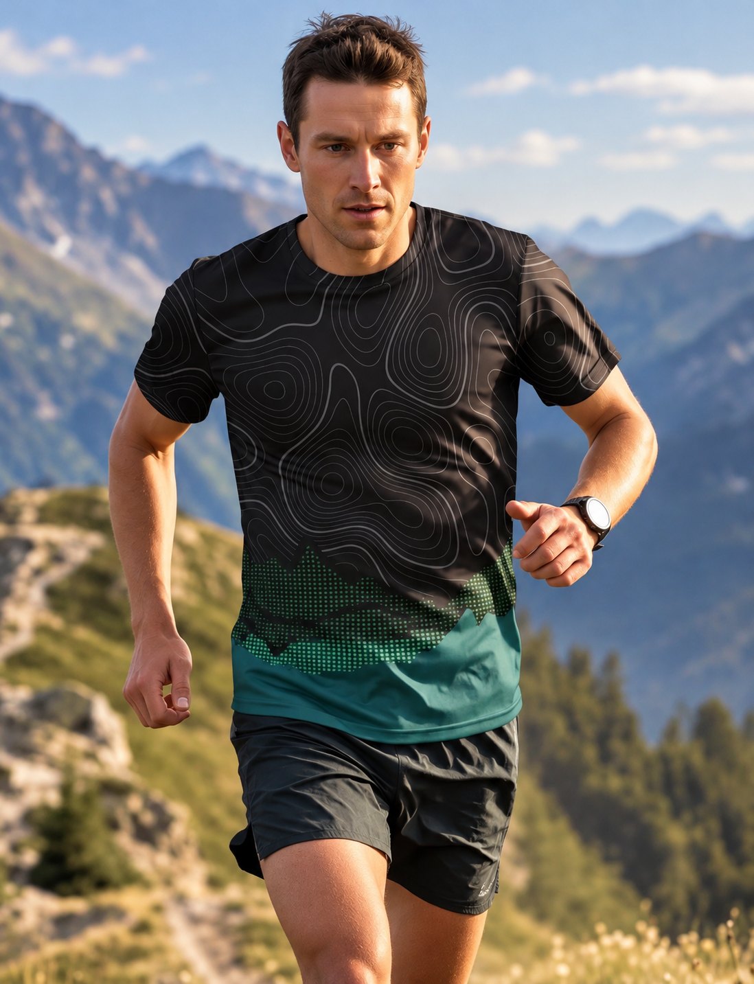 Generic AI generated image from a one-line prompt: runner in a topo print tee on a sunny mountain trail