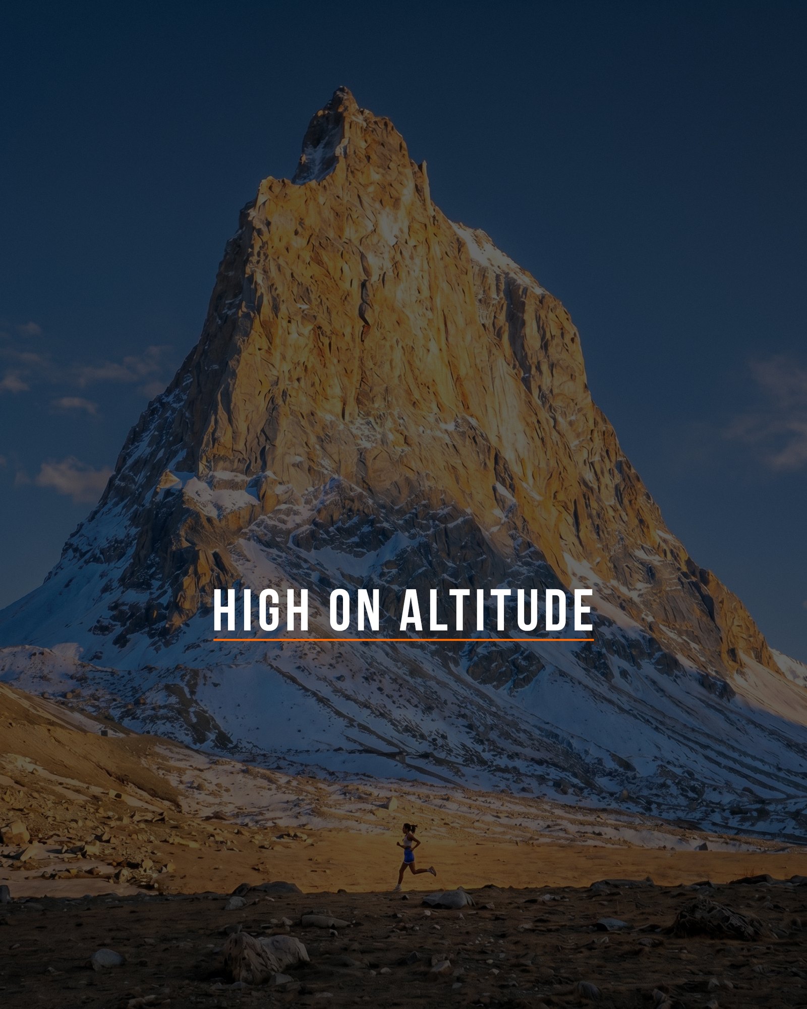 Art-directed AI campaign image: a lone trail runner below a granite peak at last light